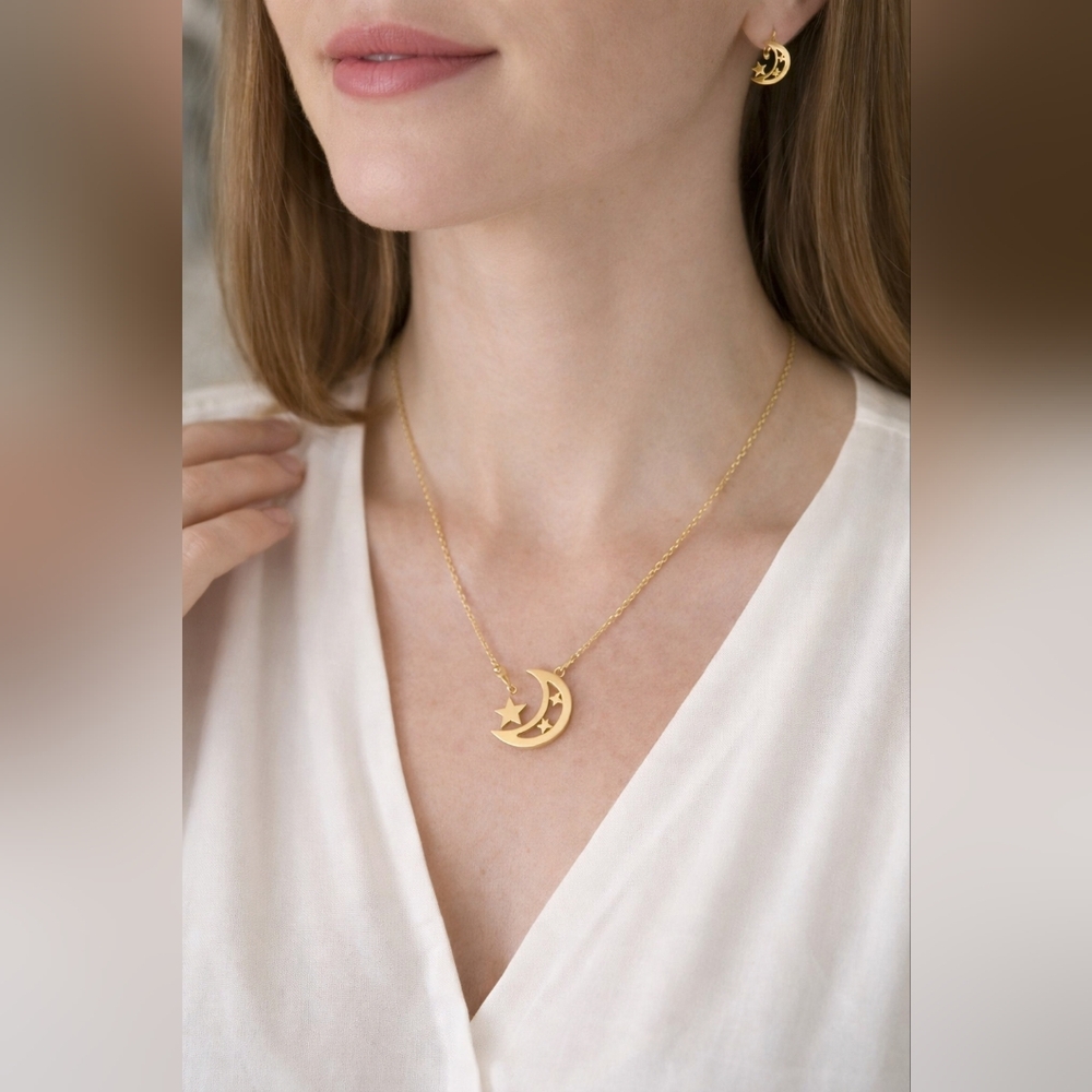Stainless Steel Gold Tone Celestial Moon And Stars Necklace and Earring Set